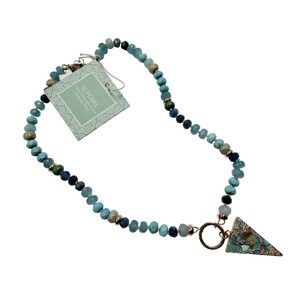 SJ Pearl Natural Jade Beaded Necklace Blue Teal Triangle Pendant Handcrafted NEW